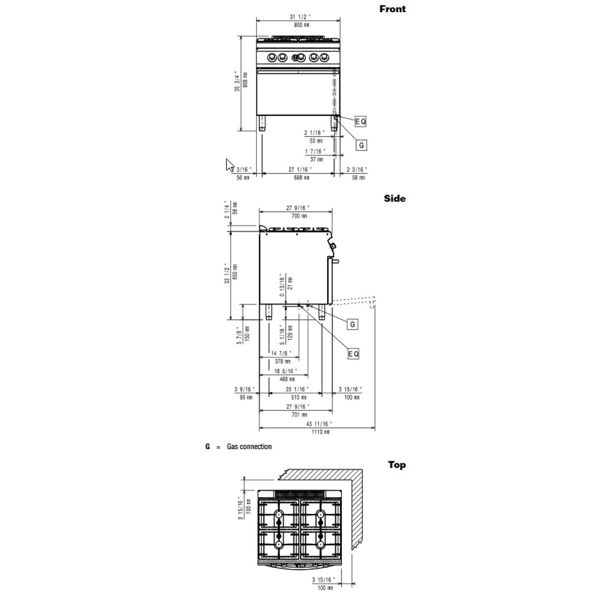 Zanussi industrikomfur 4 blus med gas ovn evo 700