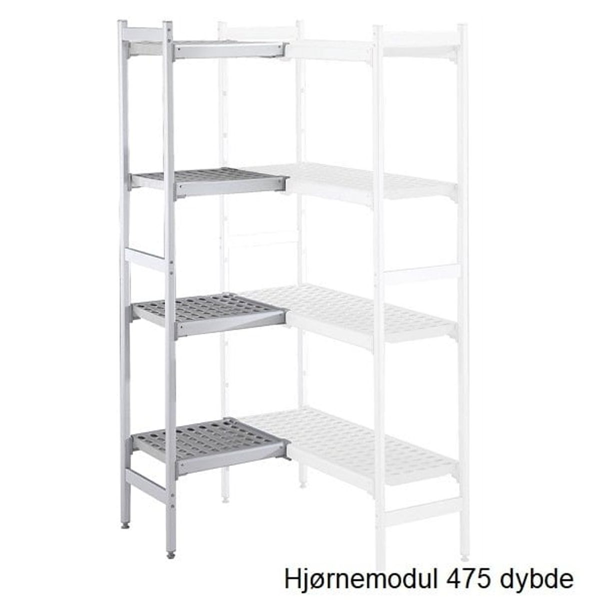 Alu. reol hjørnemodul m. plasthylder 475mm - 475X1098mm