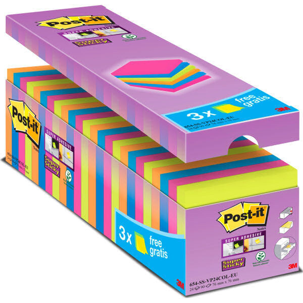 Post-it super sticky notes 76x76mm mixfarvet 24 pakker