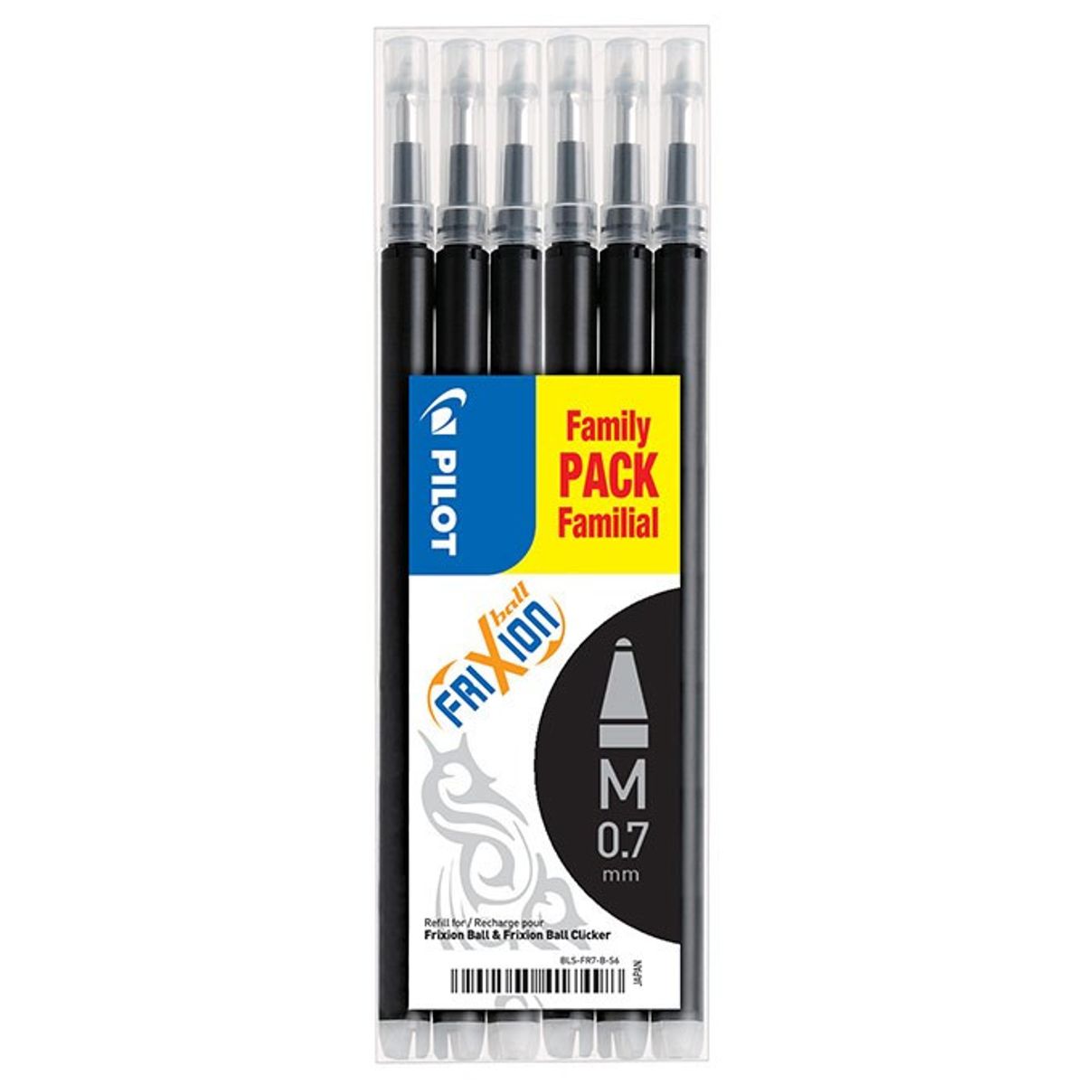 Pilot Frixion refil, til Frixion Clicker kuglepenne, 0,7 mm, sort, Family Pack, 6 stk.