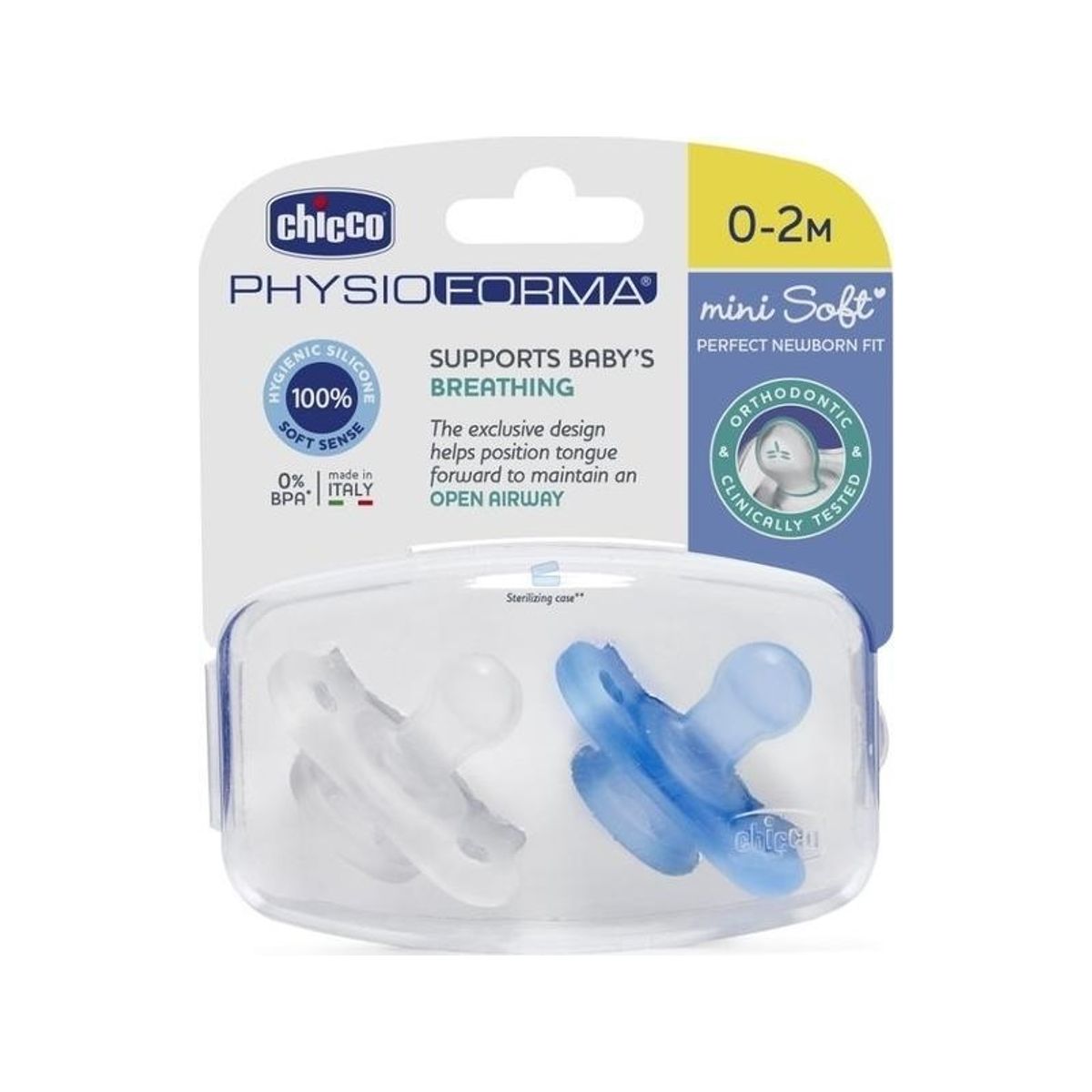 Chicco 7322121-Soother Physio Mini Soft Silic 0-2 M 2 Pcs Boy