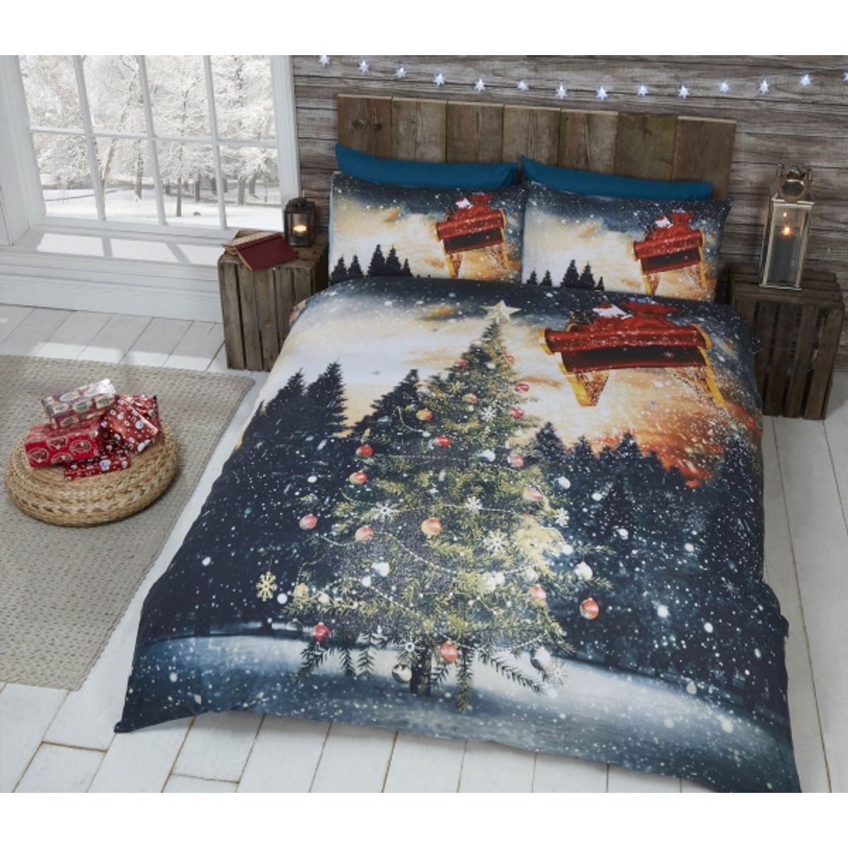 Juletræ Nordlys Sengetøj Med Glitter Til Dobbeltdyne 220X230cm