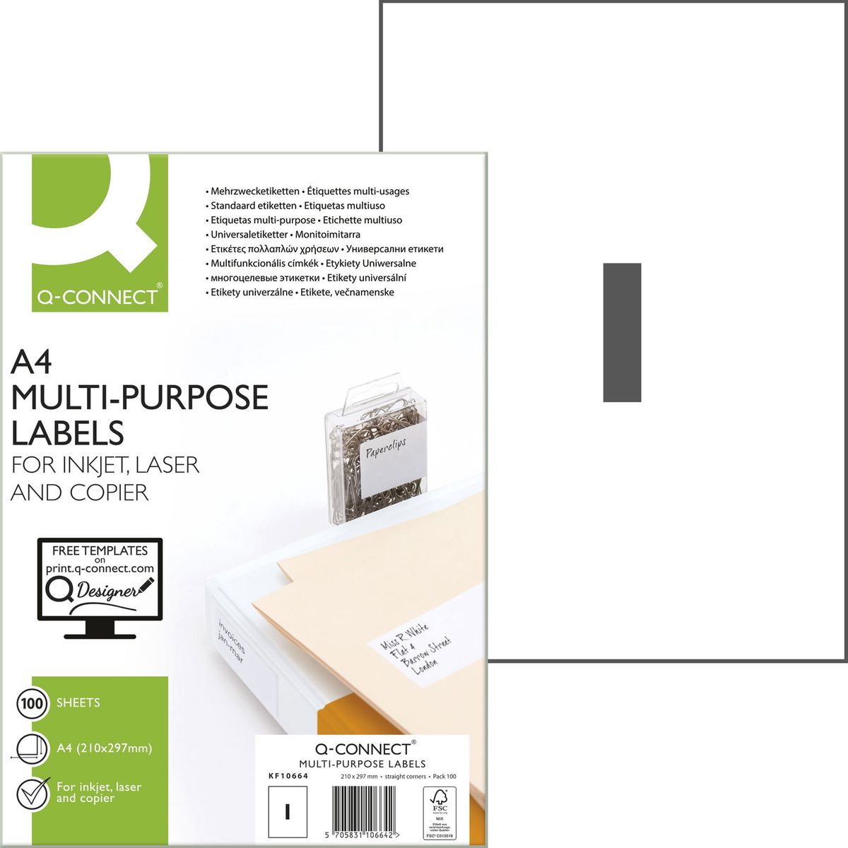 Q-connect multietiketter A4 100 etk, 210 mm x 297 mm