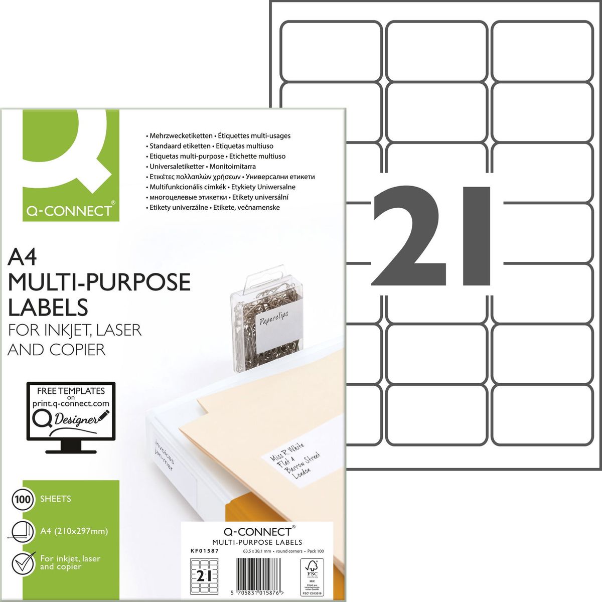 Q-connect multietiketter A4 2.100 etk, 63.5 mm x 38.1 mm