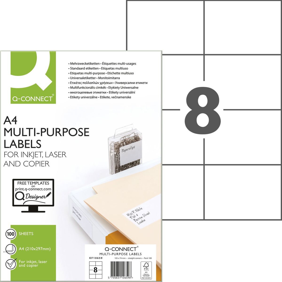 Q-connect multietiketter A4 800 etk, 105 mm x 74 mm