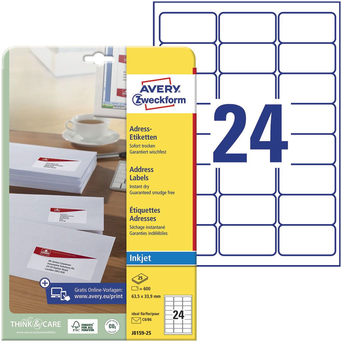 Avery J8159-25 etiket 63,5x33,9mm quickdry hvid