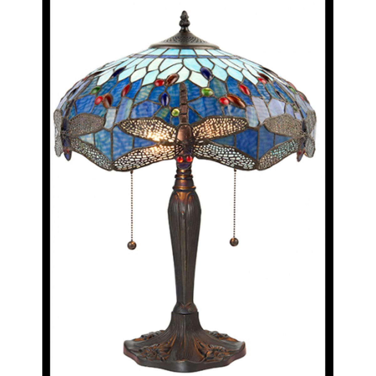 Tiffany Dragonfly Bordlampe i zink og glas H55,5 cm 2 x E27 - Antik bronze/Multi