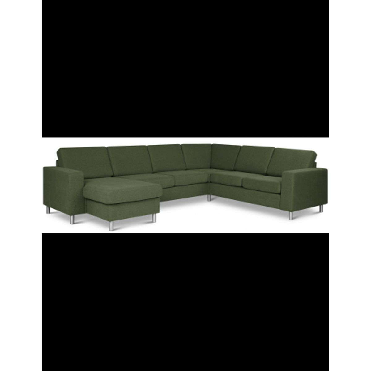 Panset hjørnesofa med chaiselong i polyester B295 x D230 cm - Børstet alugrå/Mosgrøn