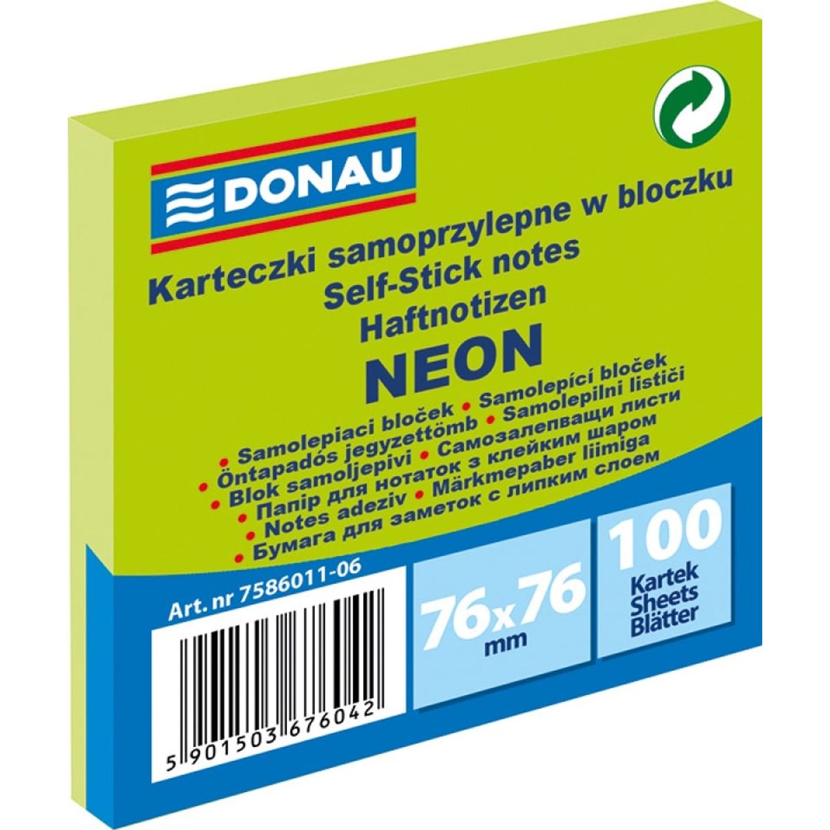 Selvklæbende blok, DONAU, 76x76mm, 1x100 ark, neon, grøn.