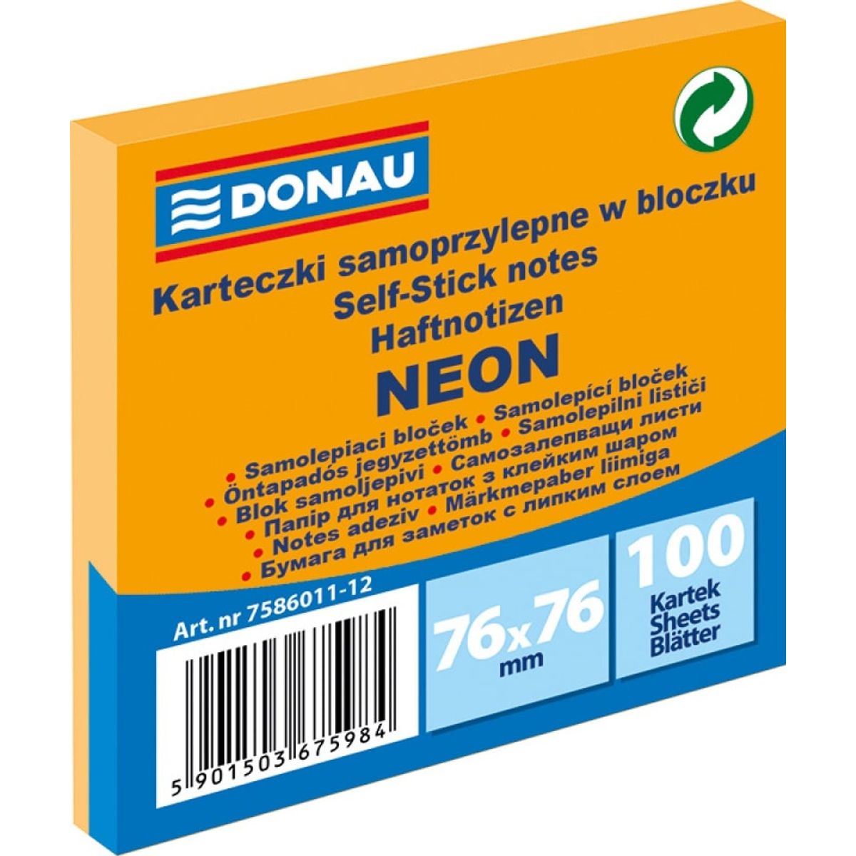 Selvklæbende blok, DONAU, 76x76mm, neonorange, 100 ark,.