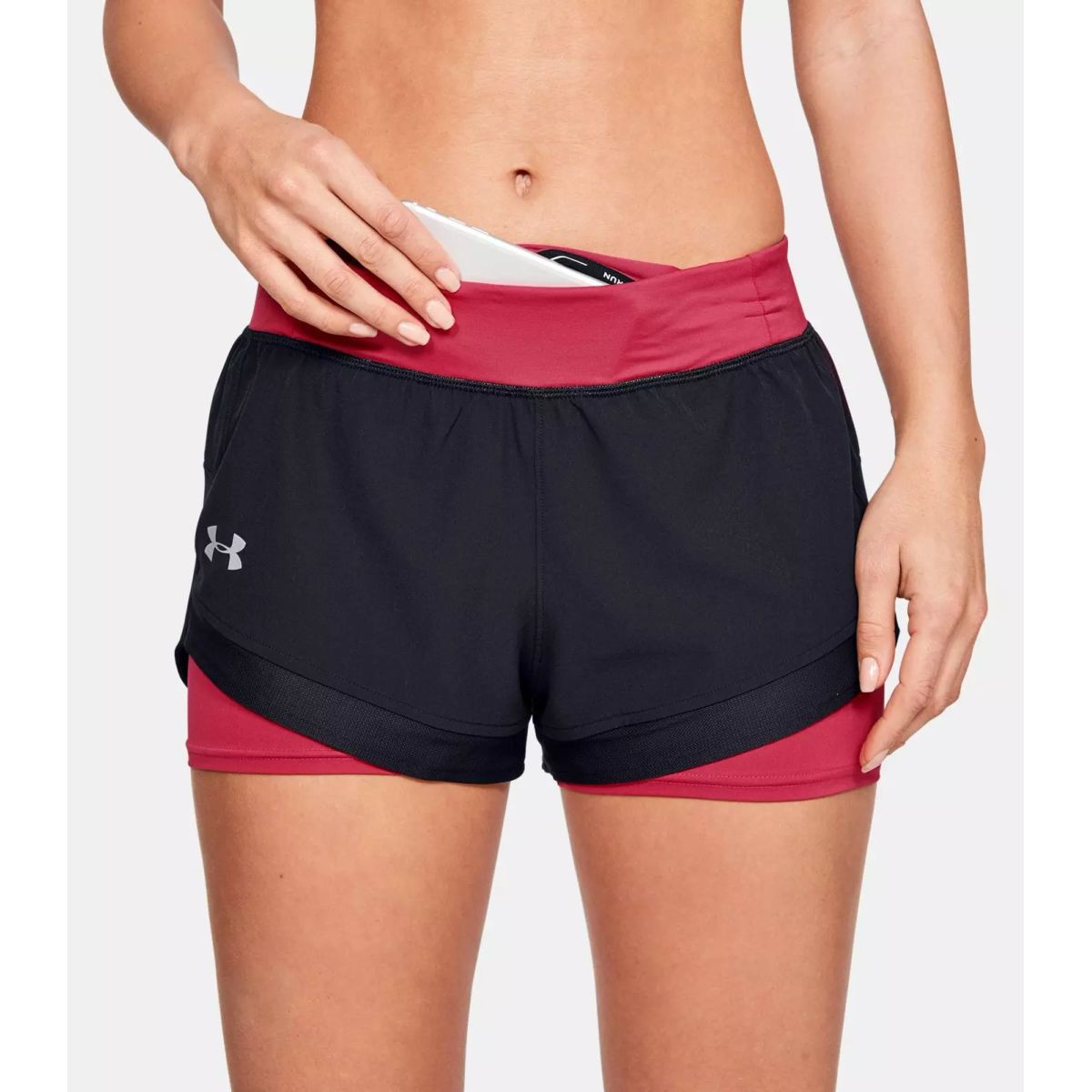 Kvinders Under Armour Qualifier Speedpocket 2-in-1 løbeshorts - Black and Red L