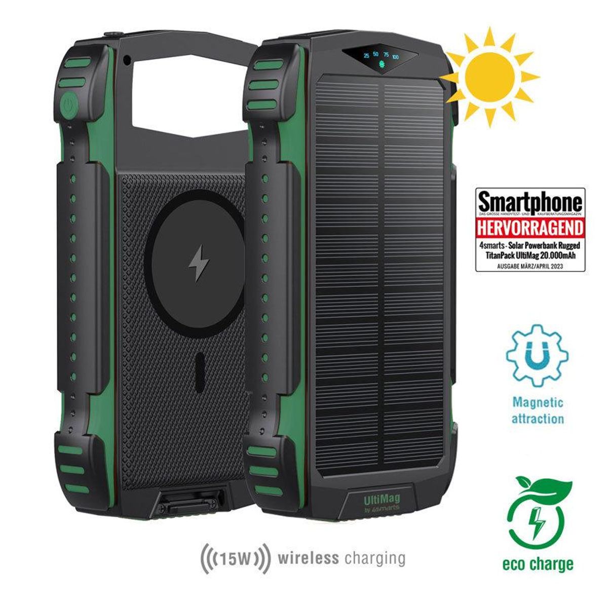 4Smarts Rugged TitanPack UltiMag 20.000 mAh solcelle powerbank 18W PD & QC, green