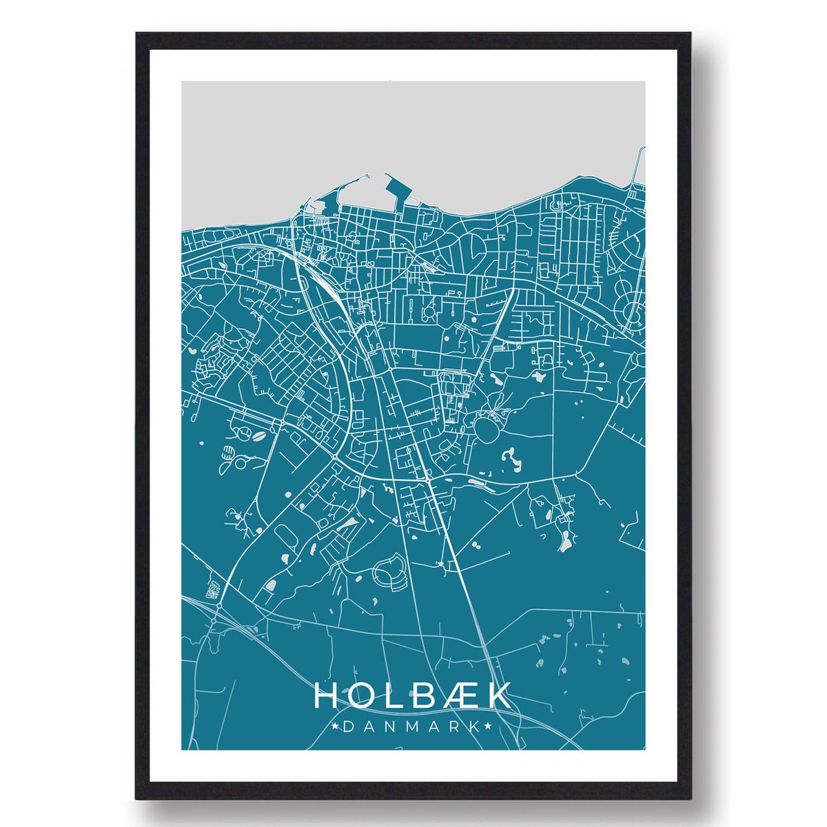 Holbæk by plakat - blå (Størrelse: L - 50x70cm (B2))