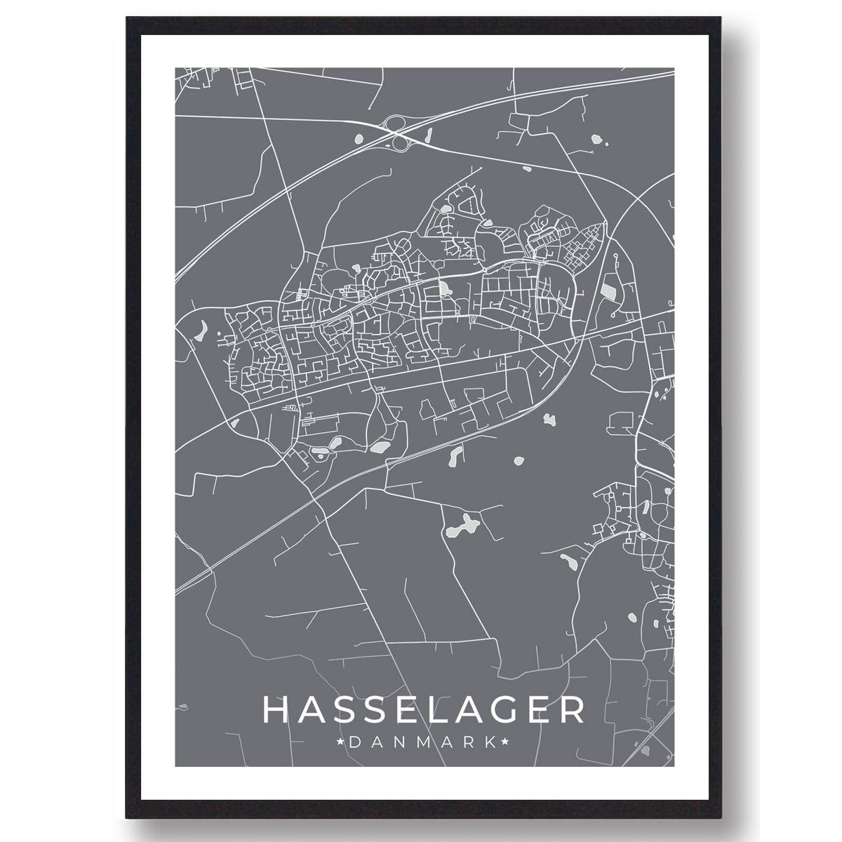 Hasselager by plakat - grå (Størrelse: L - 50x70cm (B2))