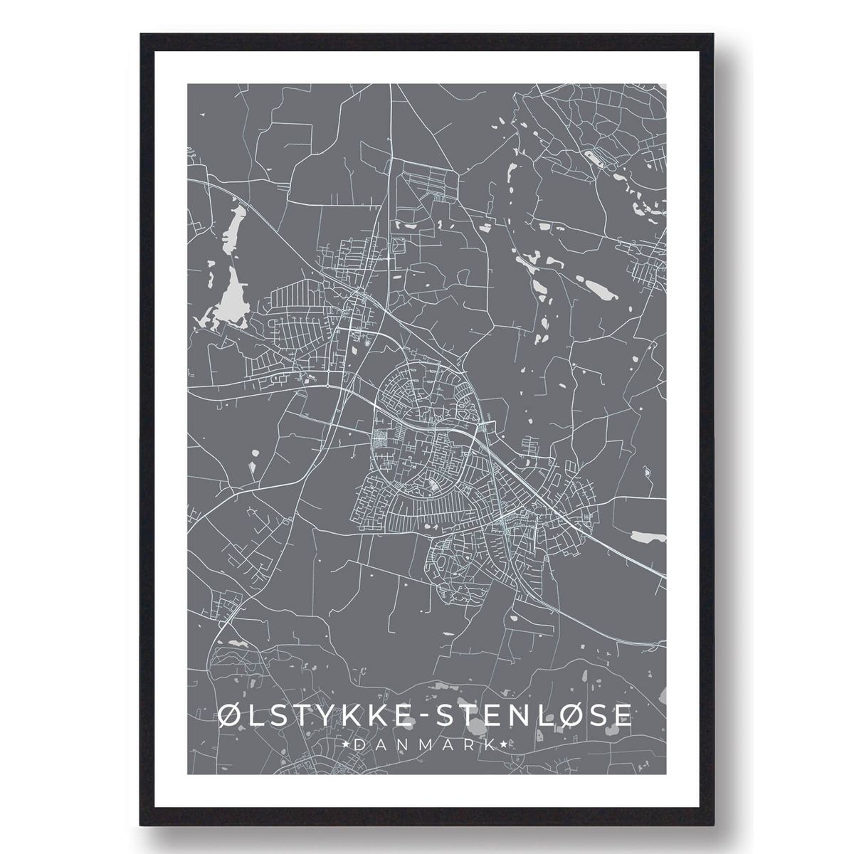 Ølstykke-Stenløse by plakat - grå (Størrelse: L - 50x70cm (B2))