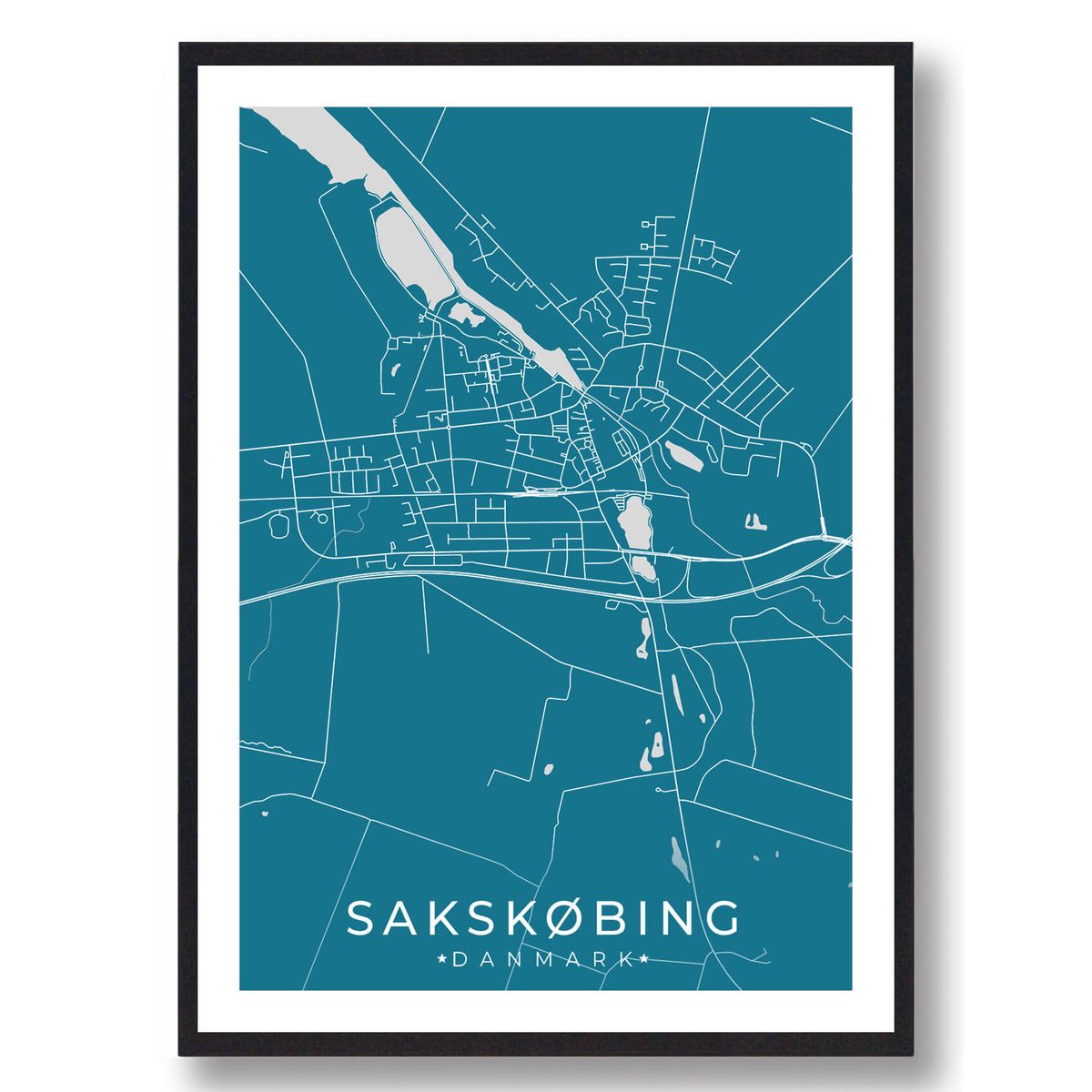 Sakskøbing by plakat - blå (Størrelse: L - 50x70cm (B2))