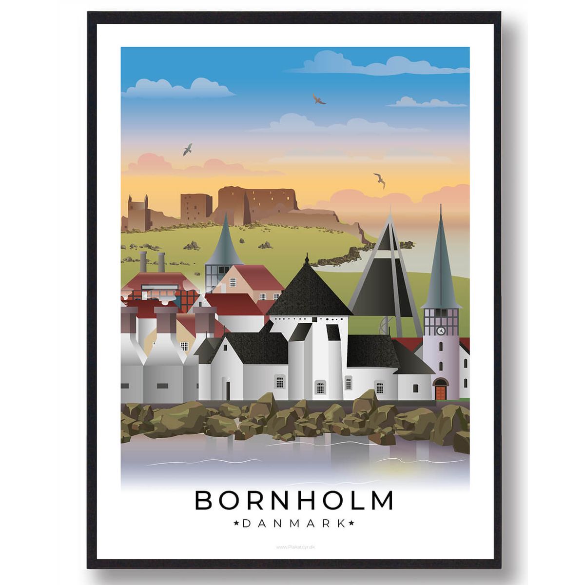 Bornholm byplakat med hvid kant (RESTPARTI) (Størrelse: M - 30x40cm)