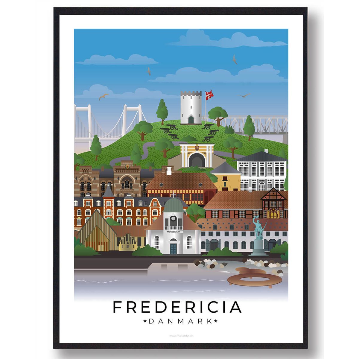 Fredericia byplakat med hvid kant (RESTPARTI) (Størrelse: M - 30x40cm)