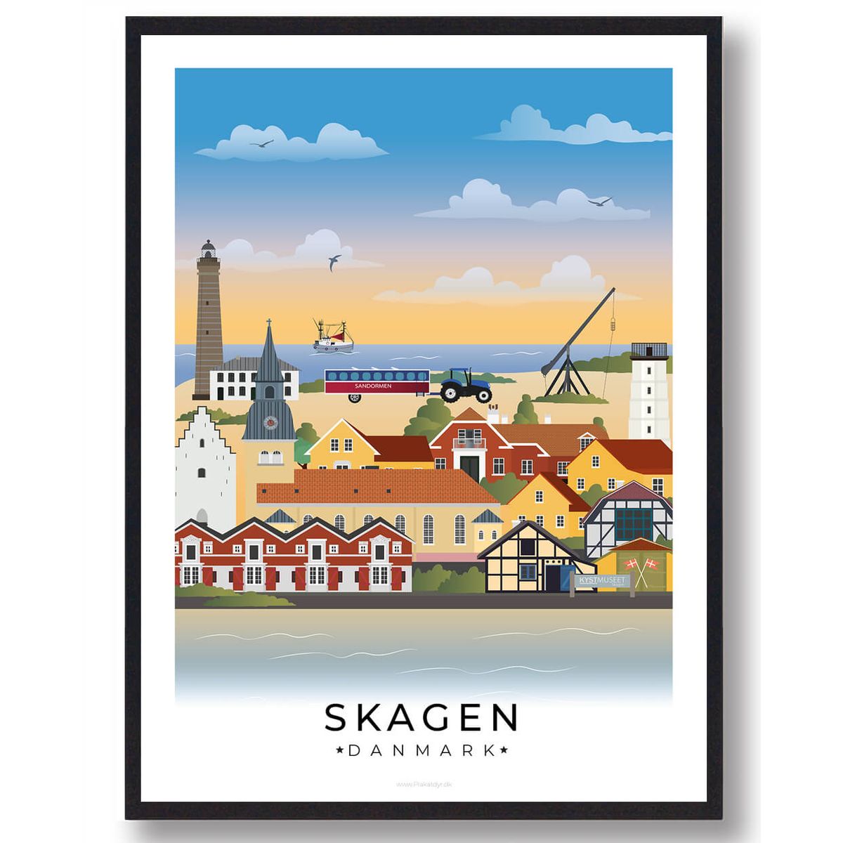 Skagen byplakat med hvid kant (RESTPARTI) (Størrelse: M - 30x40cm)