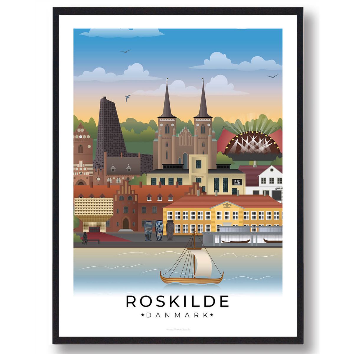 Roskilde byplakat med hvid kant (RESTPARTI) (Størrelse: M - 30x40cm)