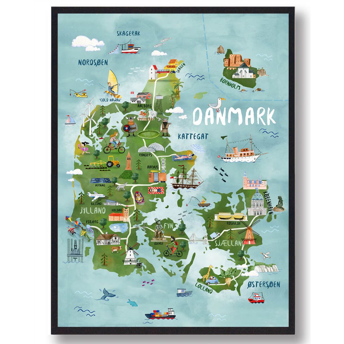 Danmarkskort - håndtegnet plakat (Størrelse: XL - 70x100cm)