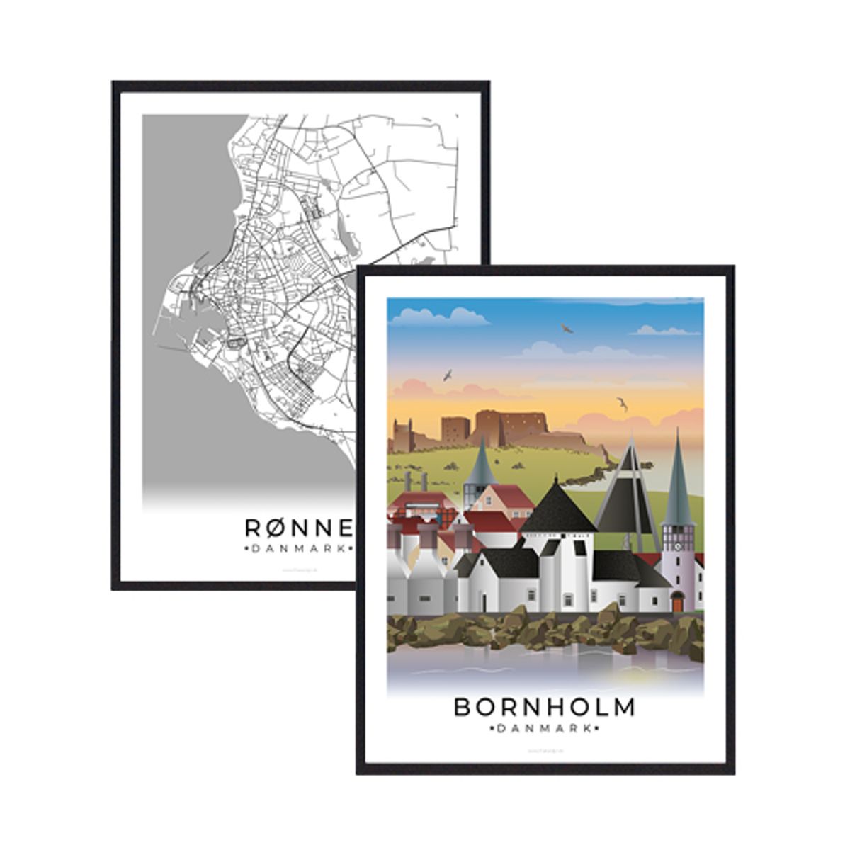 Bornholm og Rønne byplakatsæt (Størrelse: L - 50x70cm (B2))