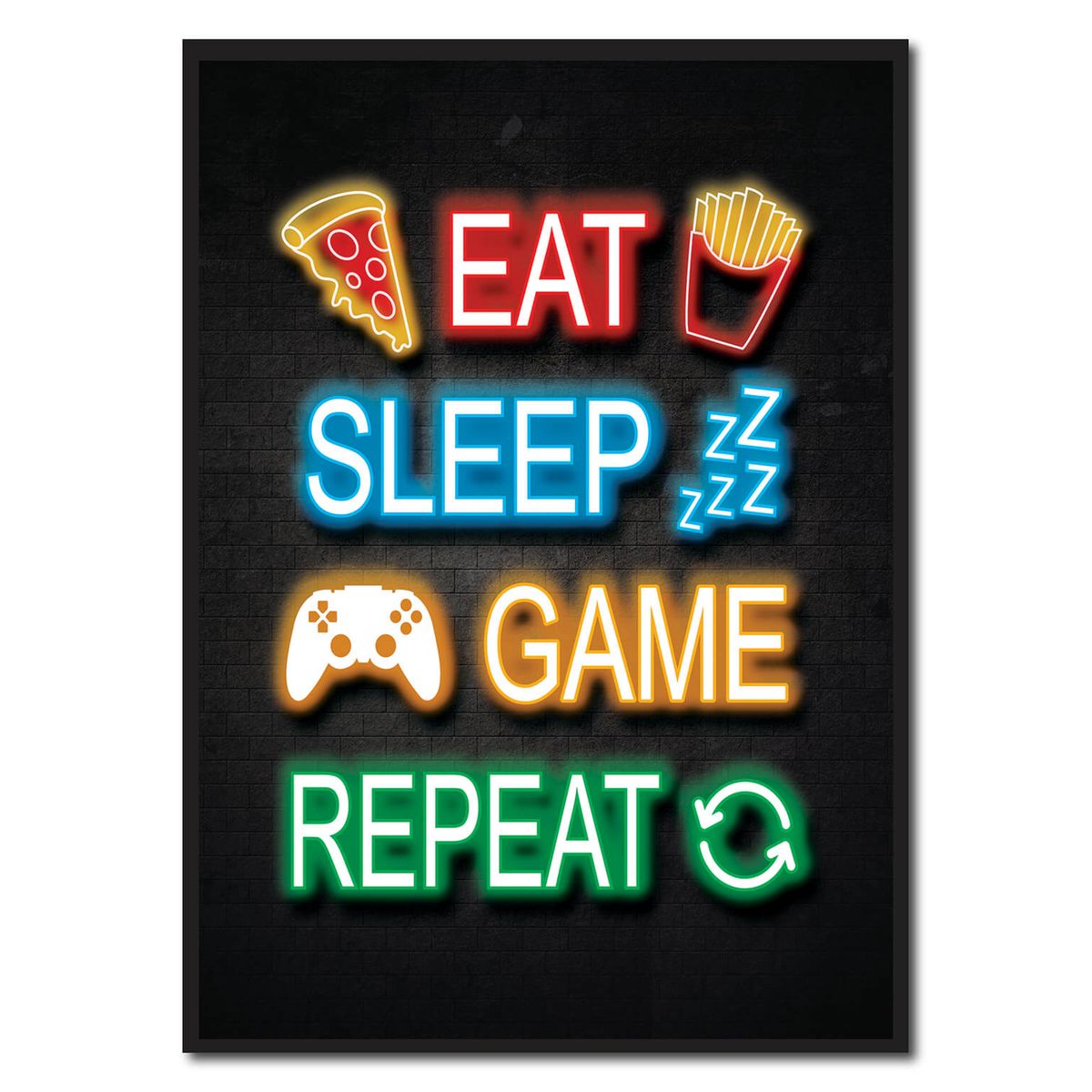 Eat, sleep, game, repeat - neon blå gamerplakater (Størrelse: S - 21x29,7cm (A4))