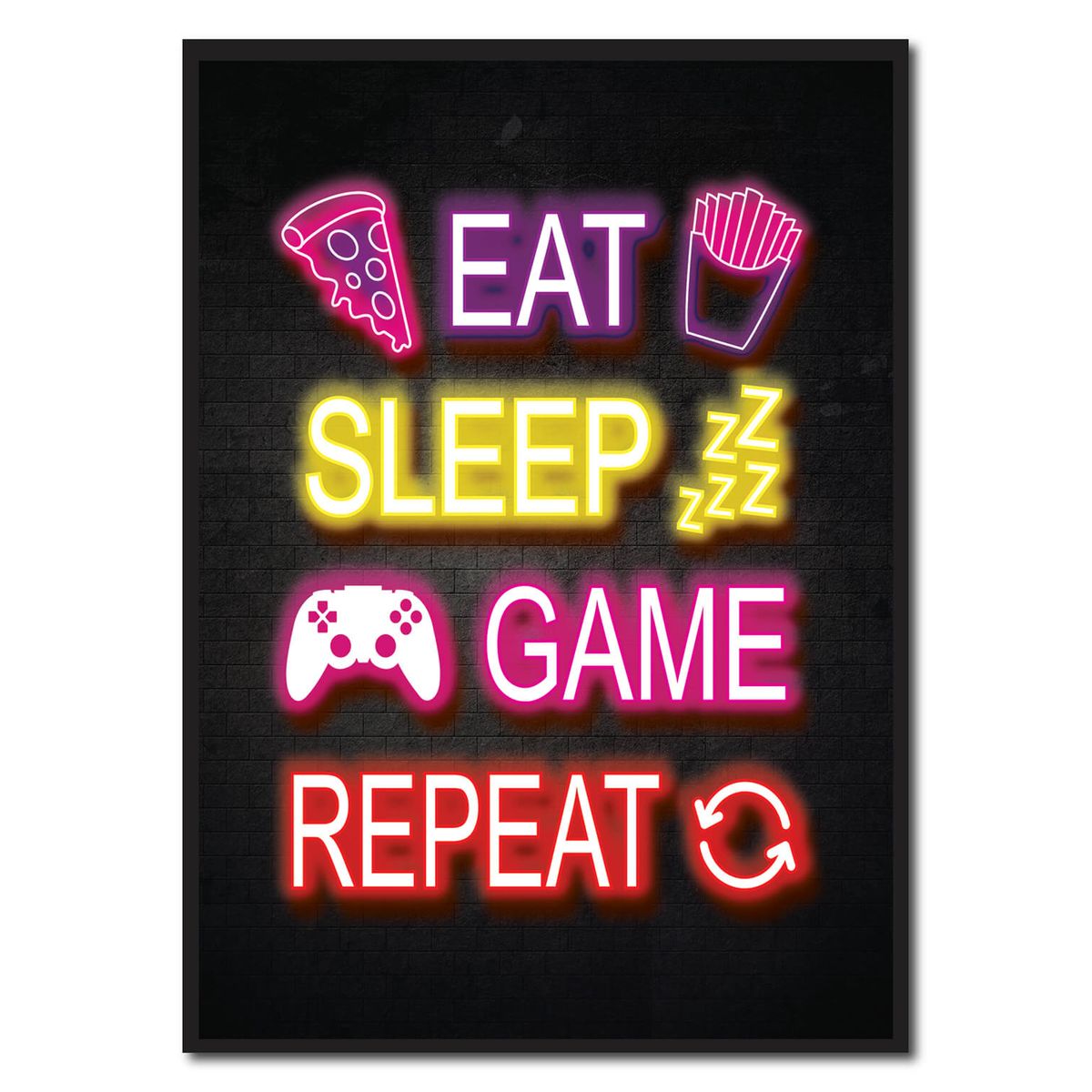 Eat, sleep, game, repeat - neon gamerplakater (Størrelse: S - 21x29,7cm (A4))