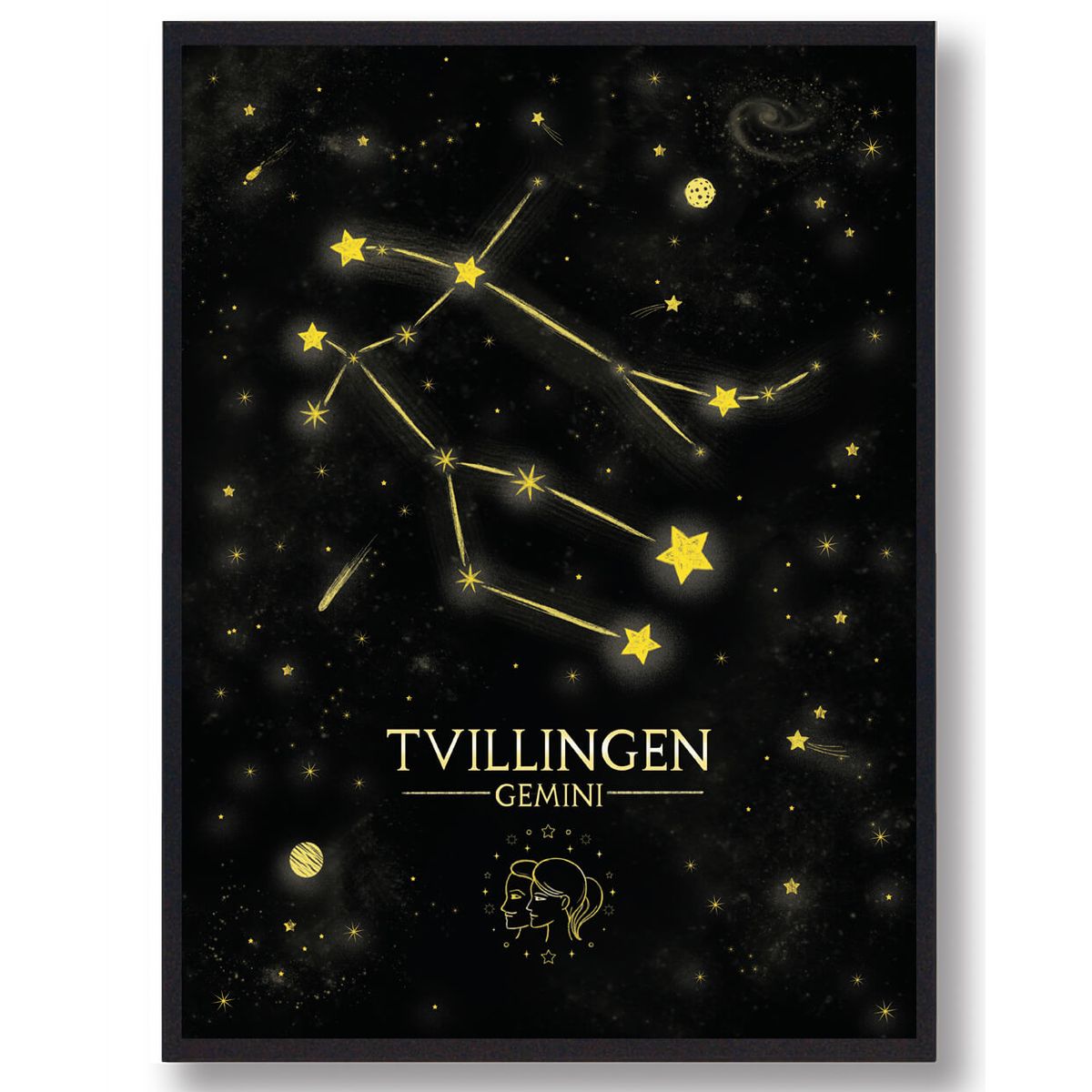 Stjernebillede tvillingen - sort håndtegnet baggrund (Størrelse: L - 50x70cm (B2))