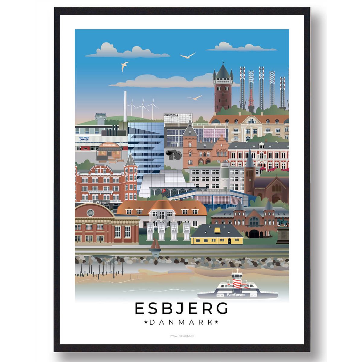 Esbjerg byplakat med hvid kant (Nyhed) (Størrelse: XL - 70x100cm)