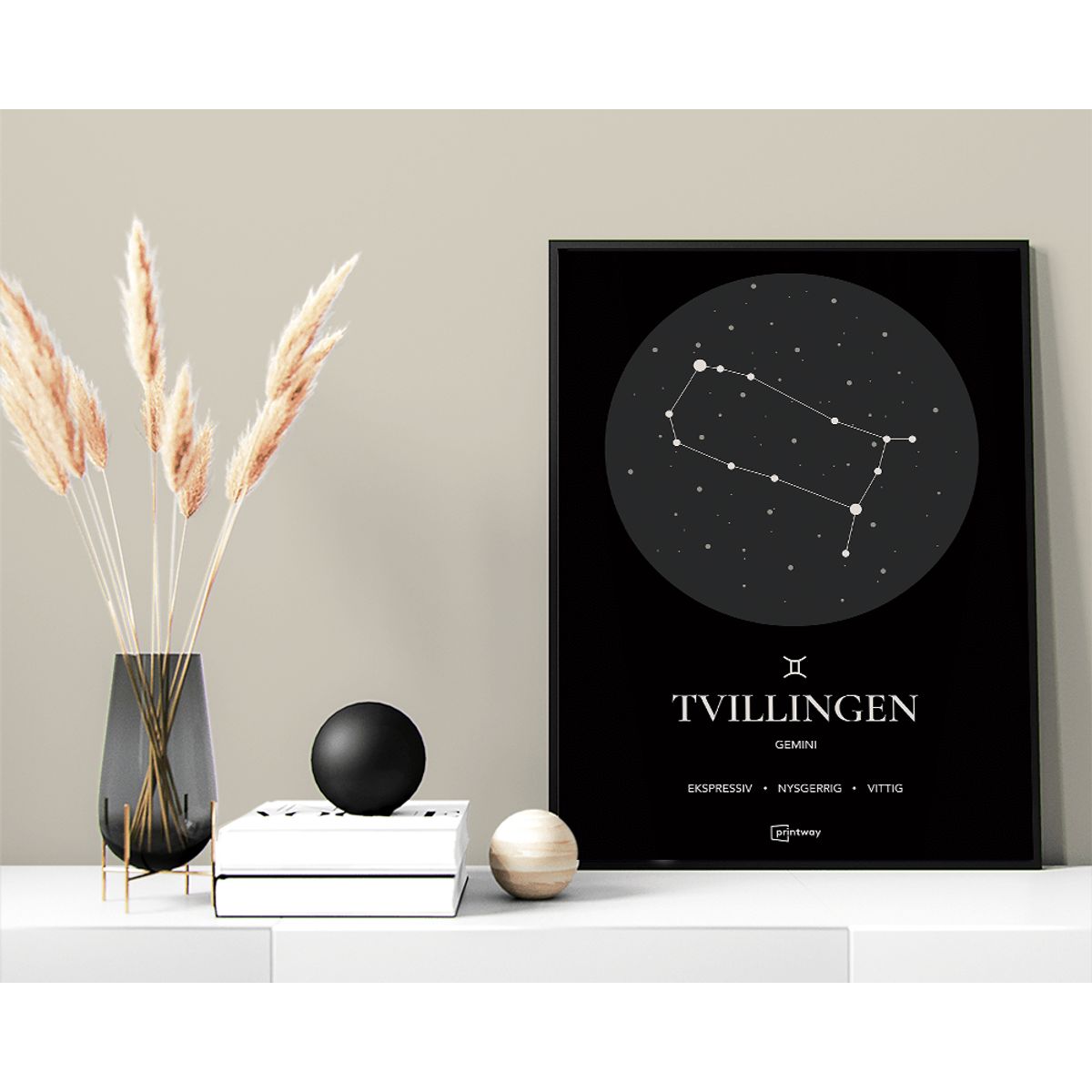 Tvillingen Stjernetegn Plakat Sort 42×60 cm (A2)