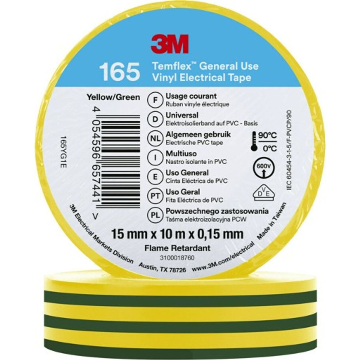 Temflex EL Vinyltape 165 15 mm x 10 m, grøn/gul