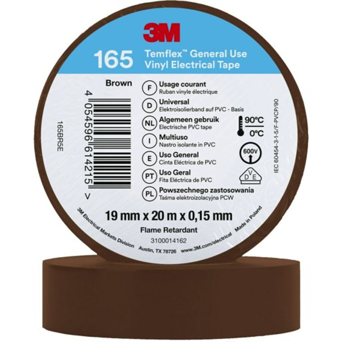 100 stk Temflex EL Vinyltape 165 19 mm x 20 m, brun