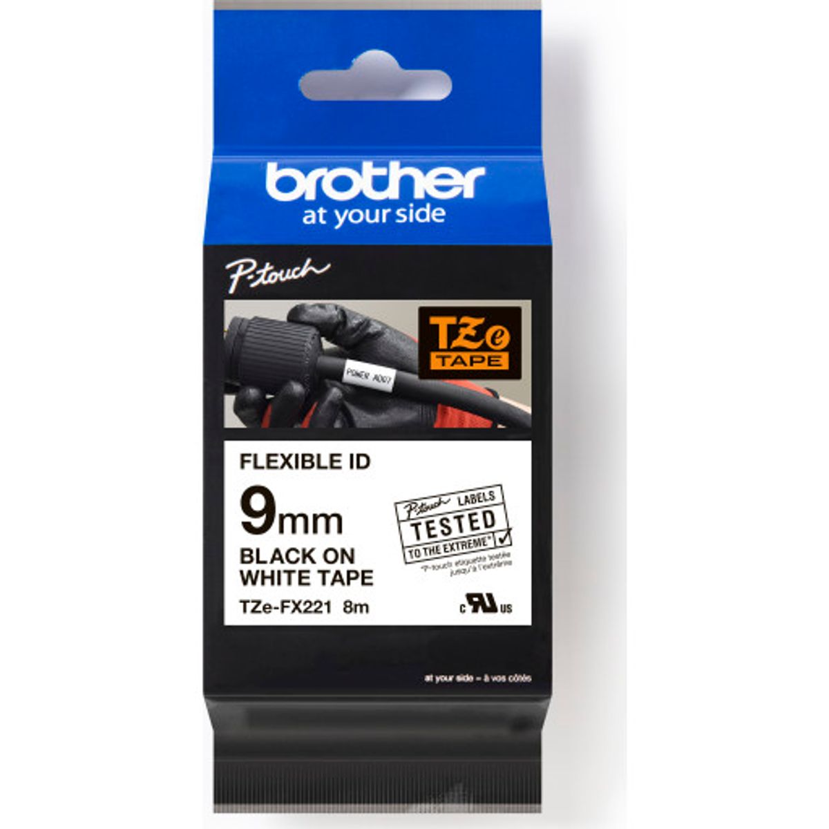 brother tape TZeFX221, sort/hvid, 9 mm x 8 m