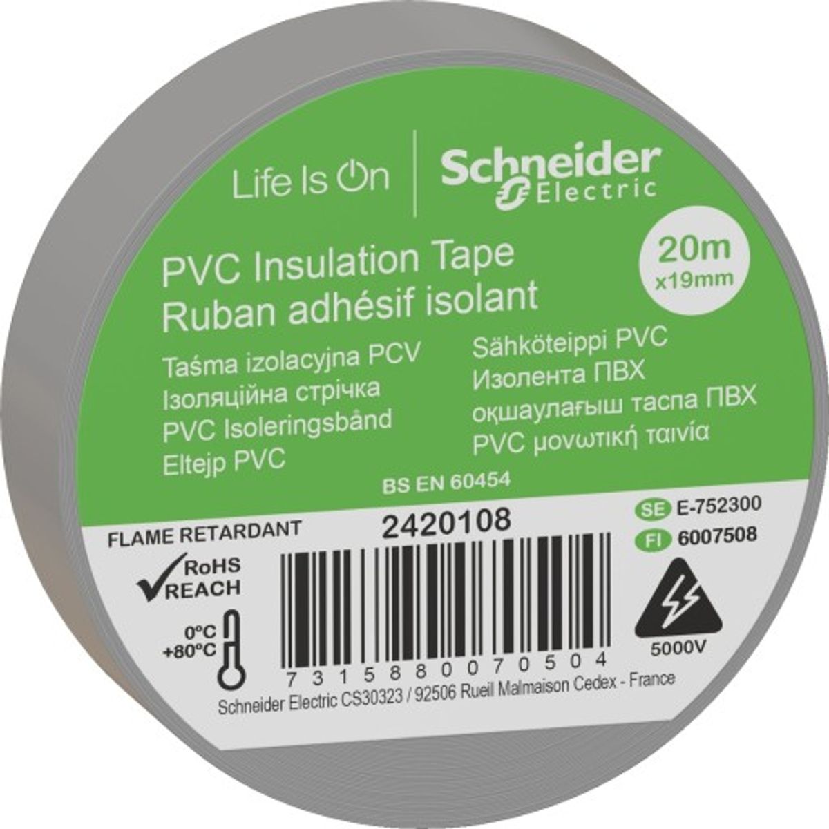 8 stk Schneider PVC isoleringstape, 19 mm x 20 m, grå