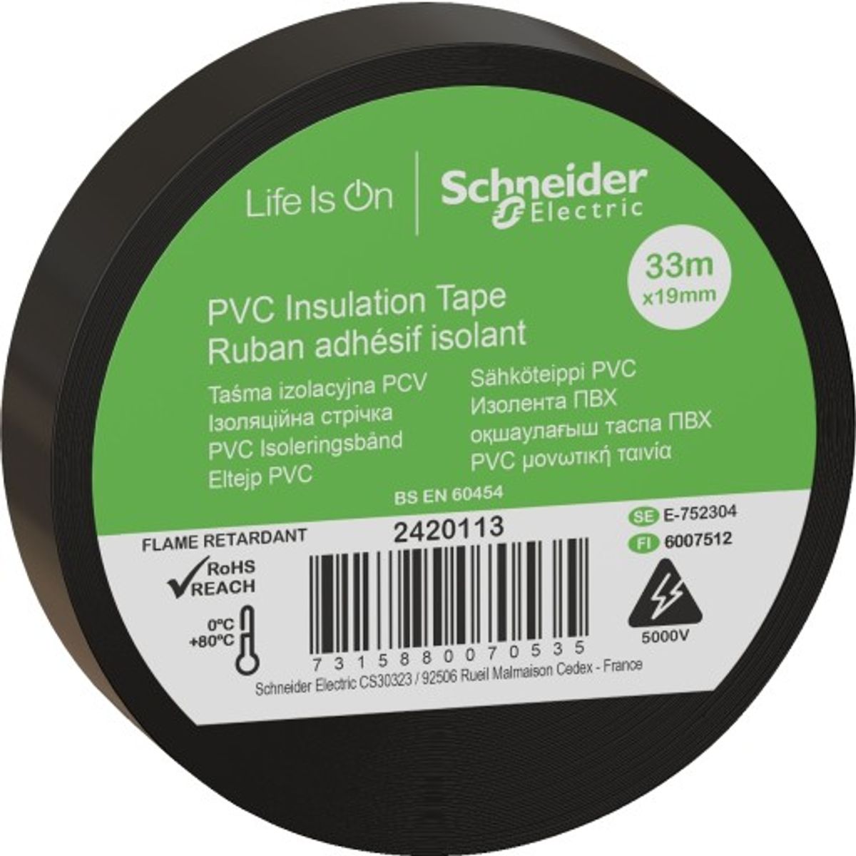 8 stk Schneider PVC isoleringstape, 19 mm x 33 m, sort