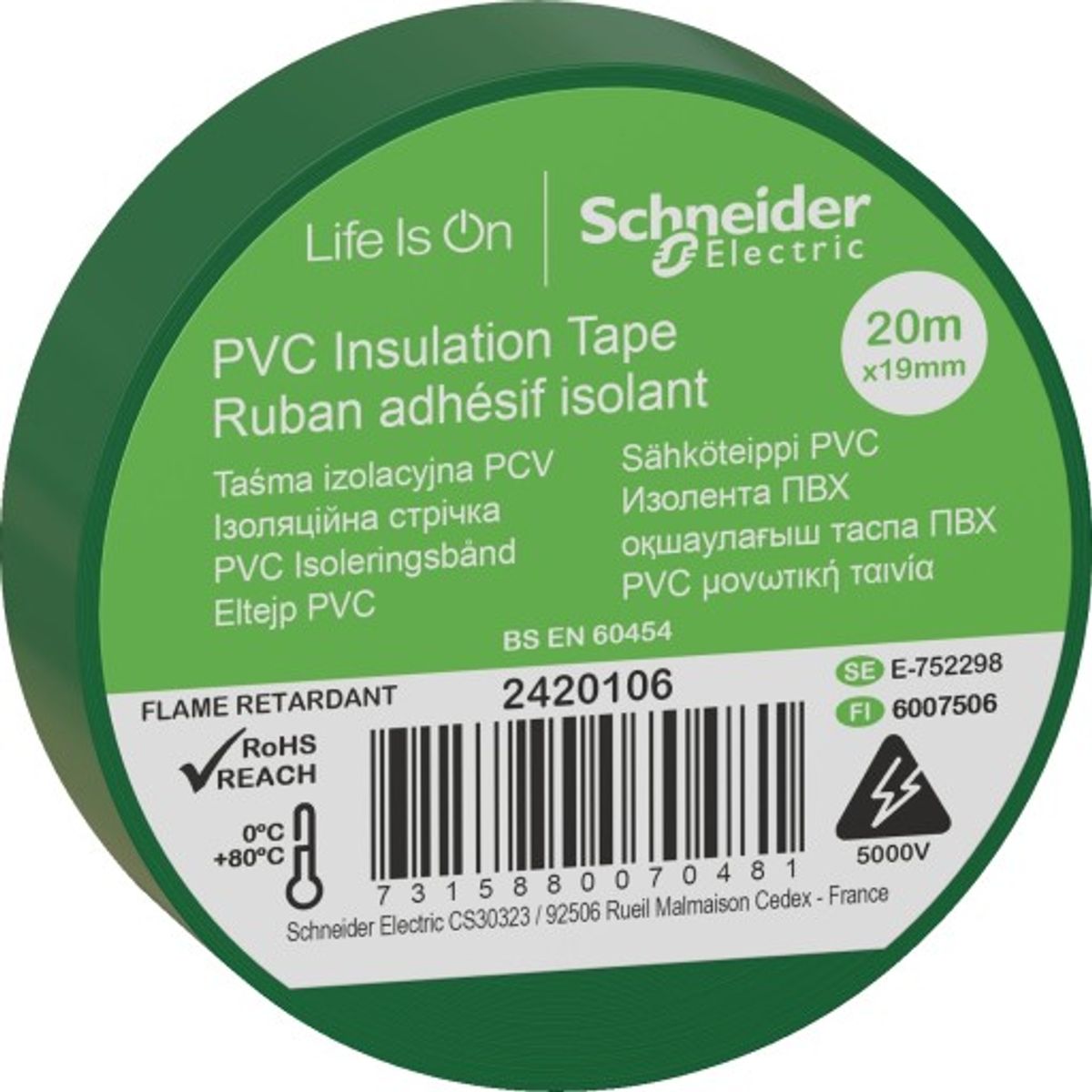 8 stk Schneider PVC isoleringstape, 19 mm x 20 m, grøn