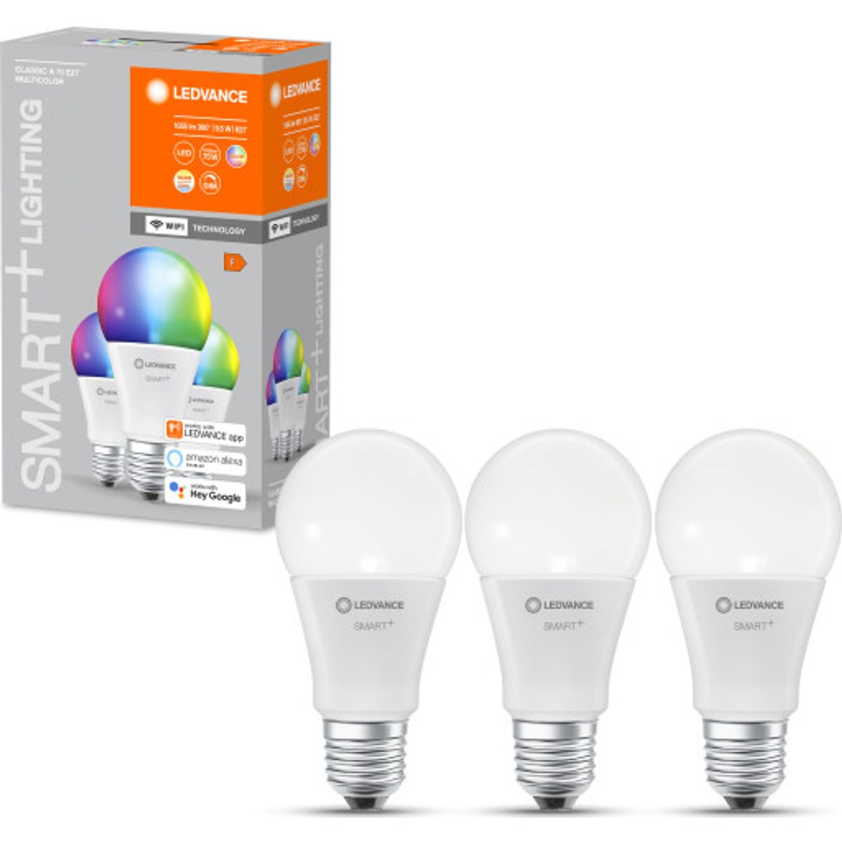 Ledvance Smart+ Wifi E27 standardpære, farveskift + justerbar hvid, 9,5W, 3-pak