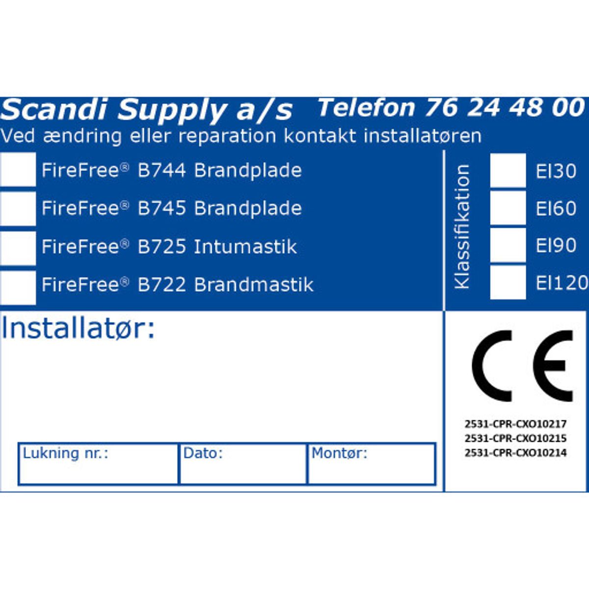 Mærkat CE-Etiket til brandlukning B744-B745-B725-B722 (1)