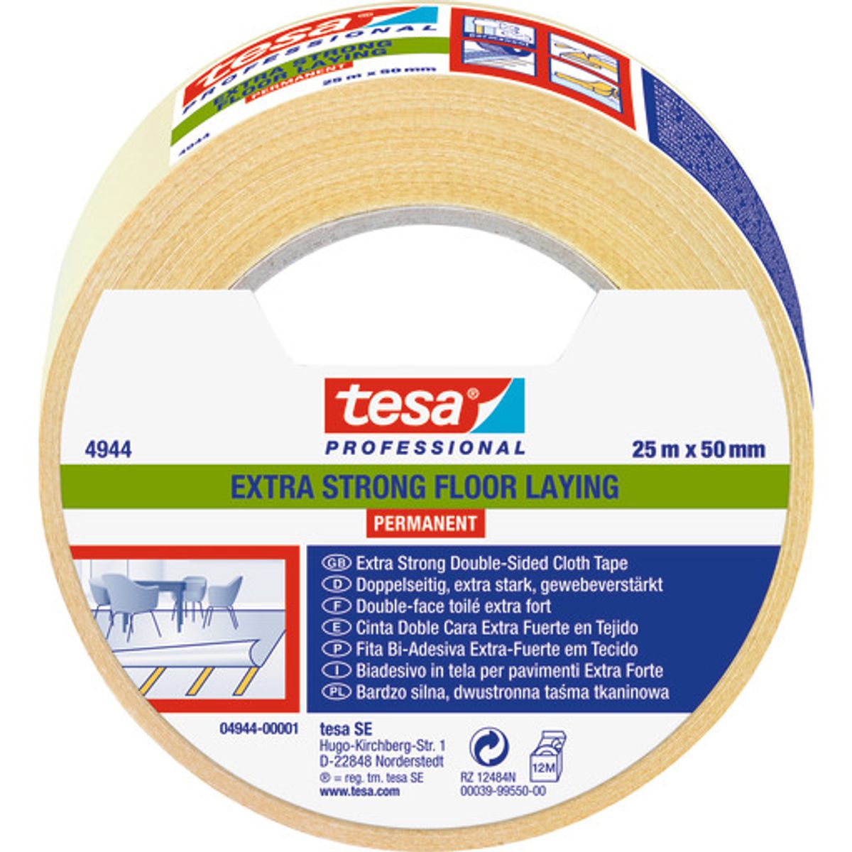 tesa dobbeltklæbende tæppetape 4944, permanent, 50 mm x 25 m