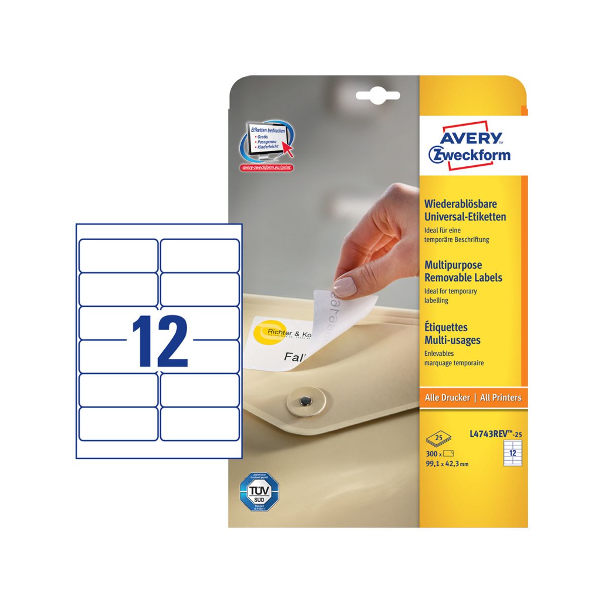 Etiket 99,1x42,3mm Avery L4743rev Aftagelig 12 Stk/ark 25 ark