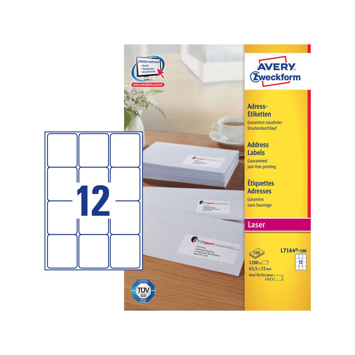 Etiket 63,5x72mm Avery L7164 12 Stk/ark 100 ark