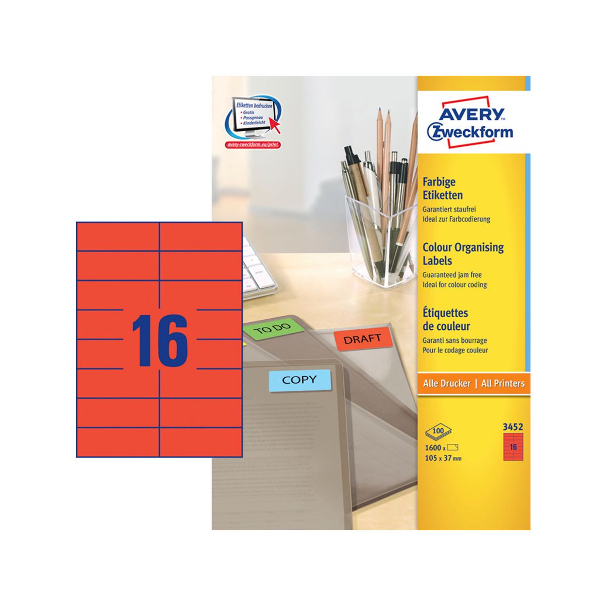 Etiket 105x37 mm Avery 3452 rød 16 Stk/ark 100 ark