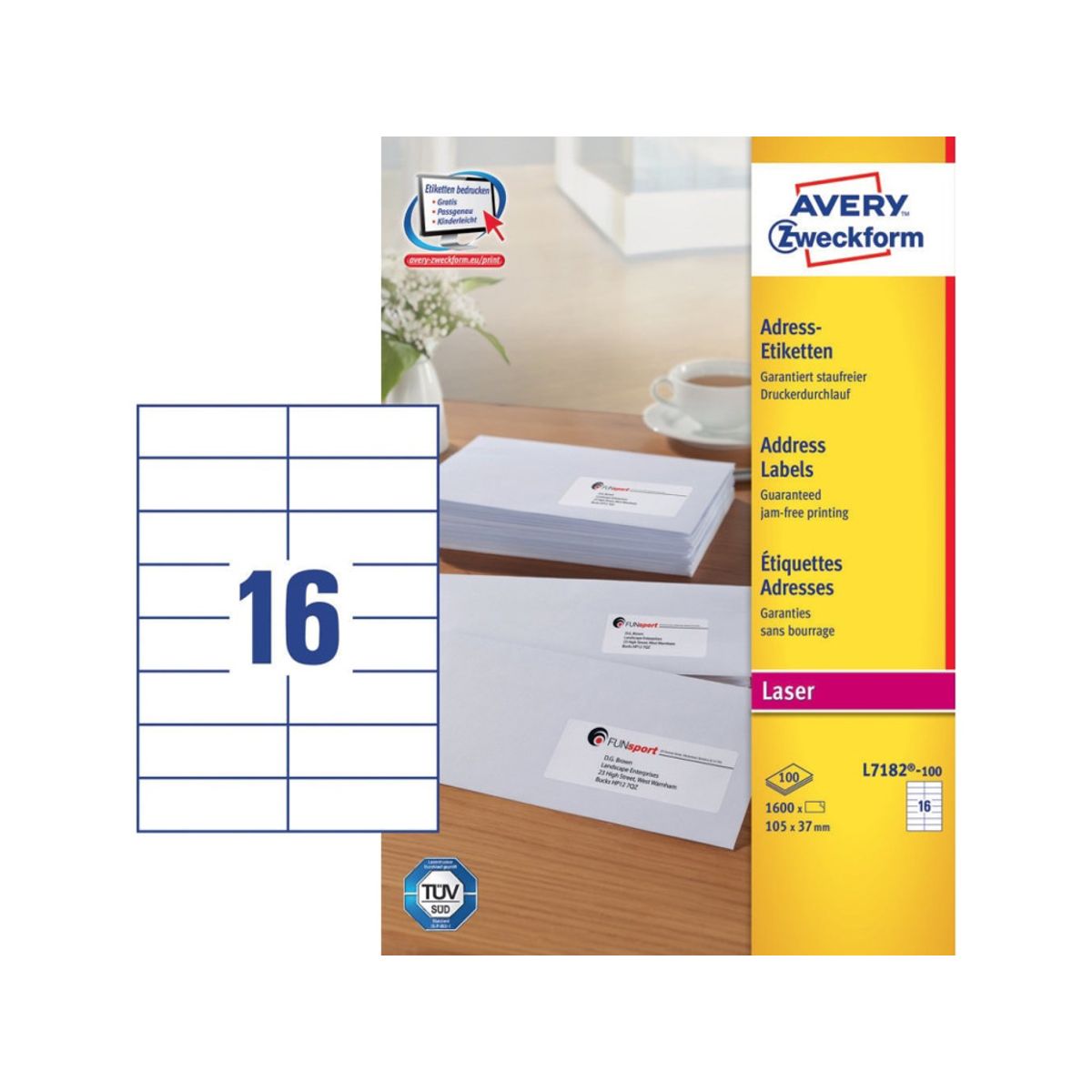 Etiket 105x37mm Avery L7182 16 Stk/ark 100 ark