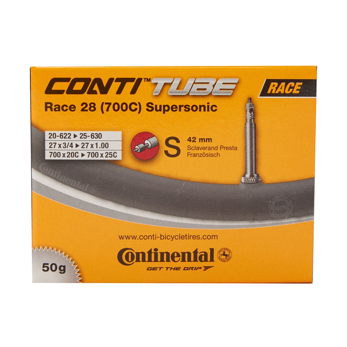 Continental Race 28 Supersonic - Cykelslange - Str. 700x20-25c - 42 mm racerventil