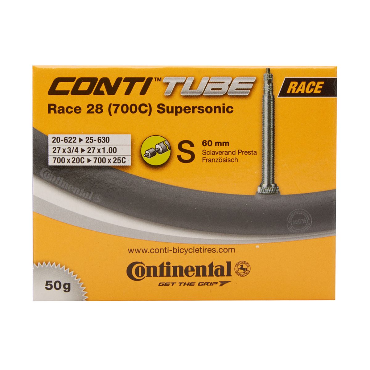 Continental Race 28 Supersonic - Cykelslange - Str. 700x20-25c - 60 mm racerventil