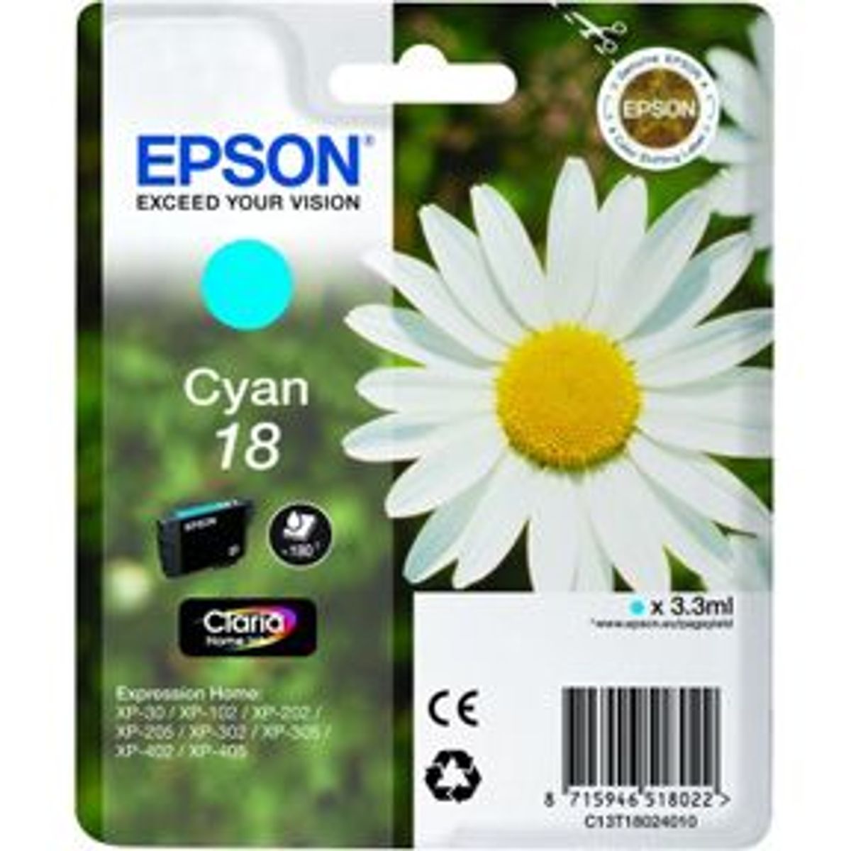 Epson T1802 C (C13T18024012) Cyan Blækpatron, Original 3,95ml