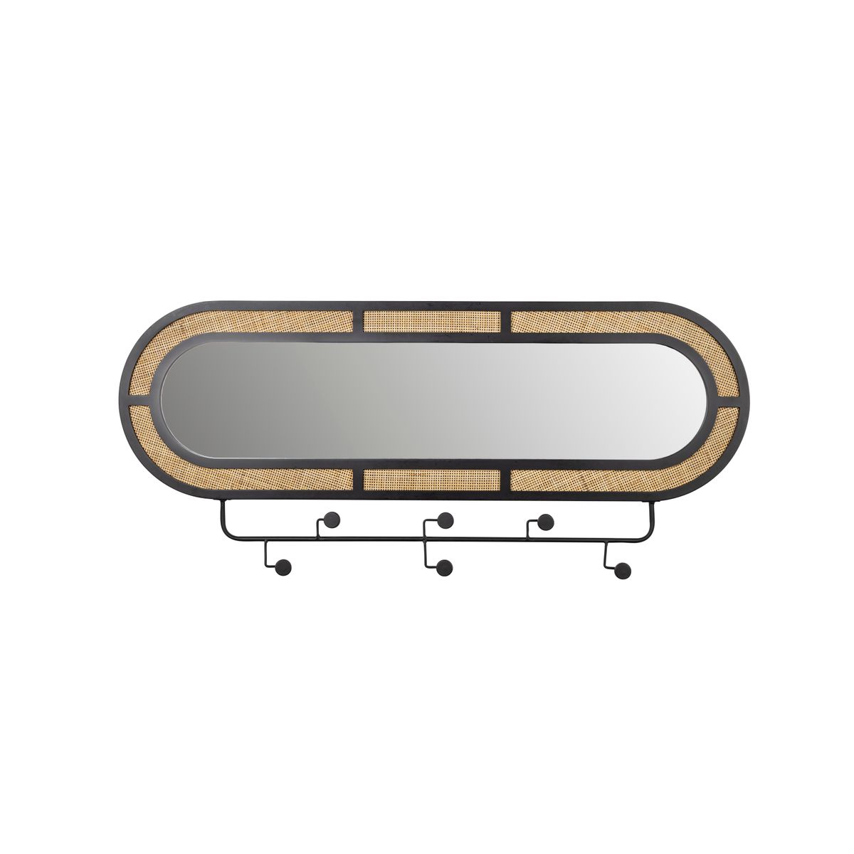 WHITE LABEL LIVING Aida vægspejl med knagerække, oval - spejlglas, rattan og sort jern (120x55)