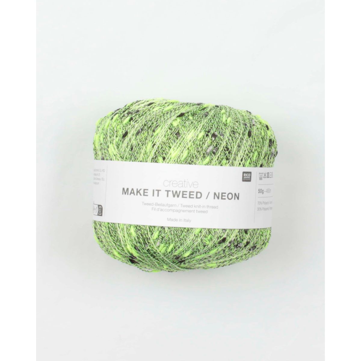 Make It Tweed, neon grøn, fra Rico Design - 30% polyamid, 35% polyakryl, 35% viskose